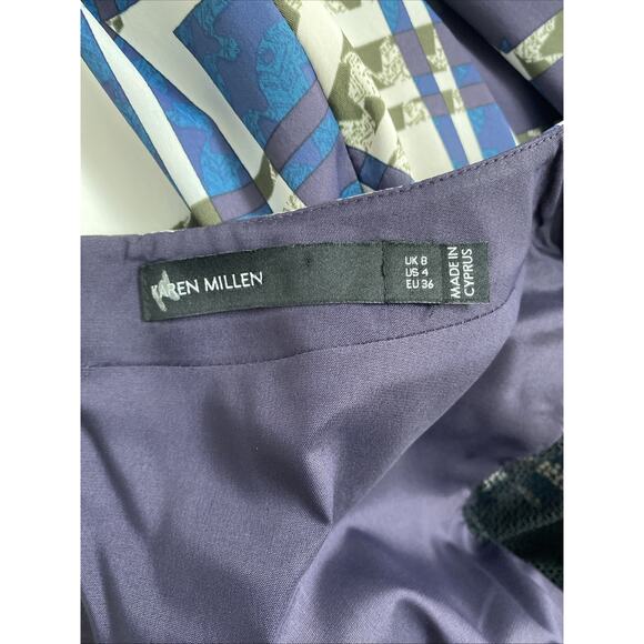 Karen Millen Dress Sheath Round Neck Mesh Sleeve Blue Purple Geometric 4 S - Picture 7 of 9